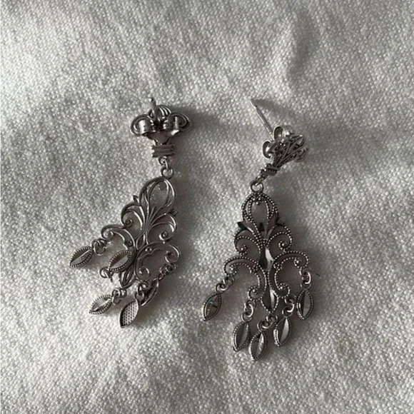 Littman Jewelers Silver Fleur De Lis Faceted Filagree Chandelier Earrings - Picture 2 of 4